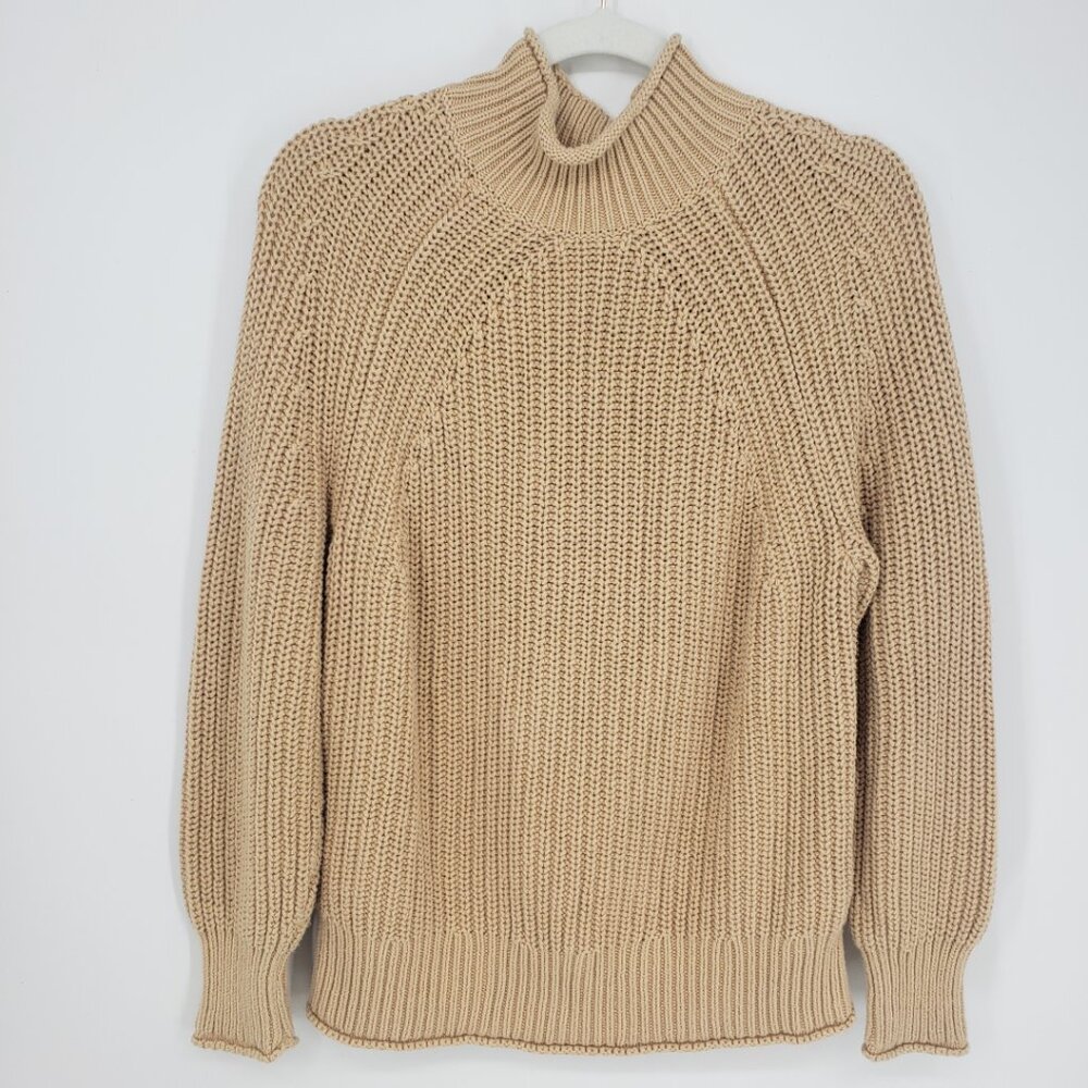 J. Crew Relaxed Roll Neck Sweater S Womens Chunky Knit Mock Neck BE159 Khaki Tan - Picture 2 of 8